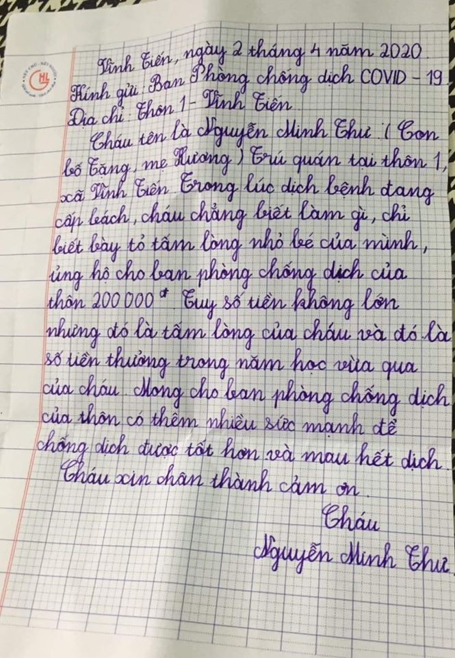 Bức thư đầy cảm động của bé Nguyễn Minh Thư 