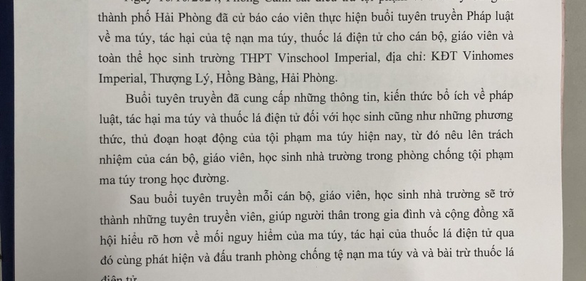 Trường THPT Vinschool Imperial gửi Thư cảm ơn Phòng Cảnh sát ĐTTP về ma túy